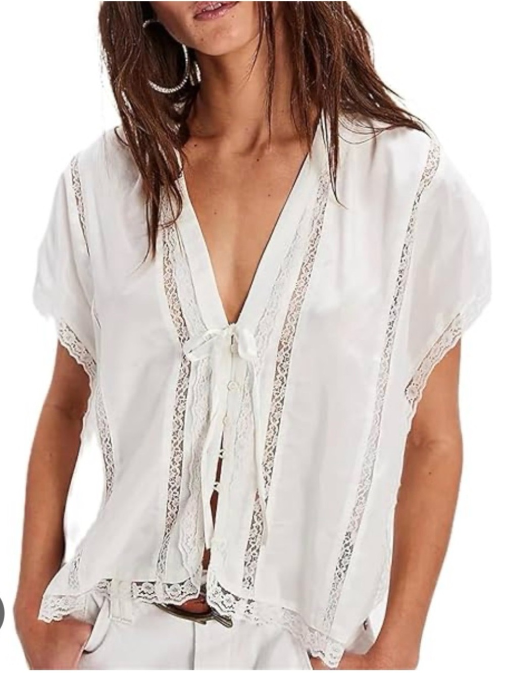 Free People Ivory Sheer Lace Trim Top Boho Festival Prairie Blouse
